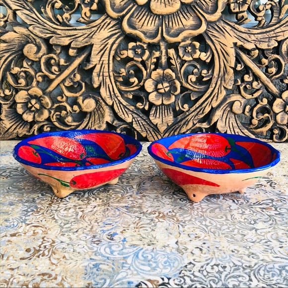 2 Mexican Glazed Pottery Hand Made Painted Salsa Footed Bowls Chili 🌶 Motif - Picture 2 of 7